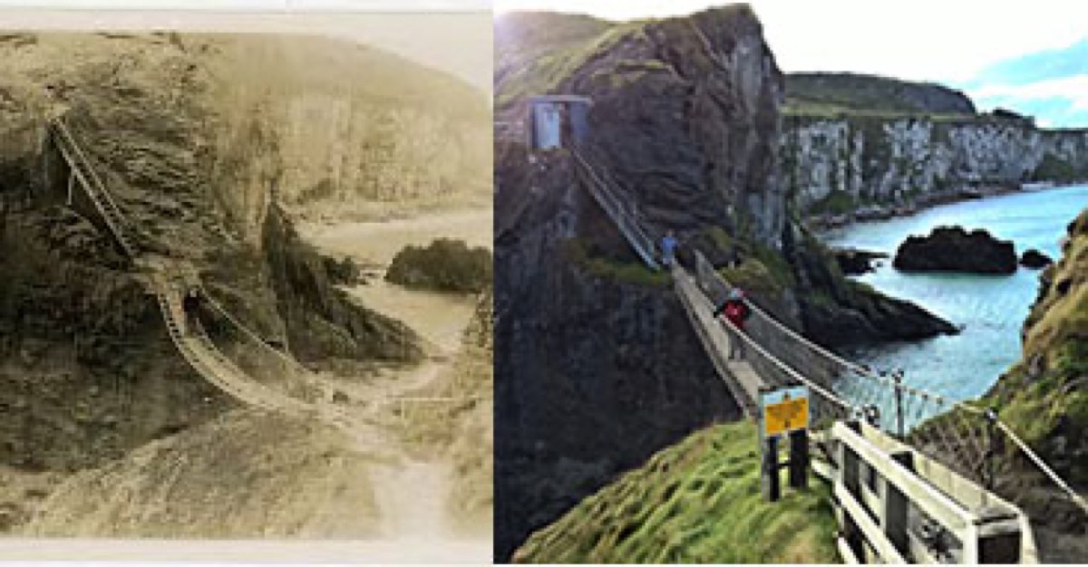 The original single-rail rope bridge alongside today's Carrick-a-Rede bridge